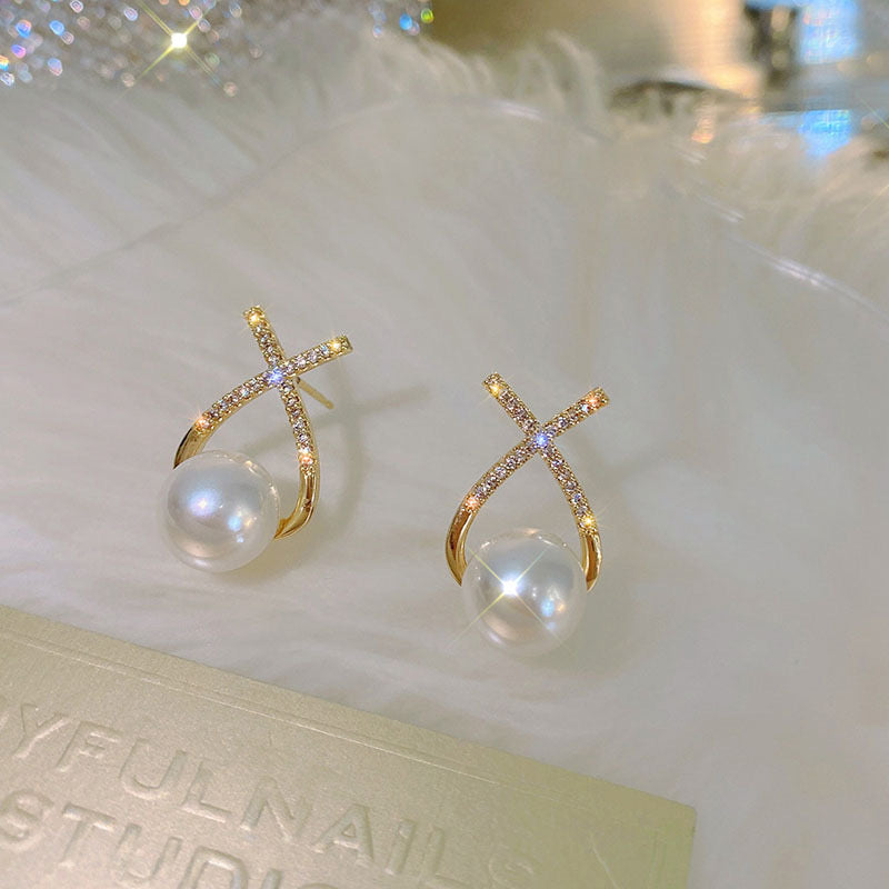 Elegant Golden Cross Pearl Zircon Earings Pearl