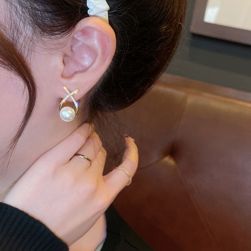 Elegant Golden Cross Pearl Zircon Earings Pearl