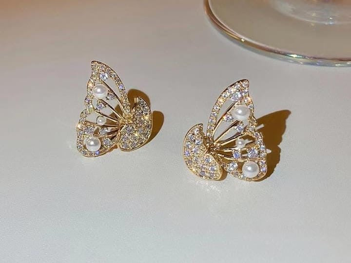Korean Zircon And Pearl Butterfly front back earrings | Luxury Look
