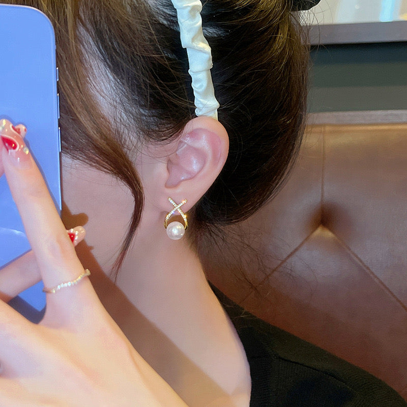 Elegant Golden Cross Pearl Zircon Earings Pearl
