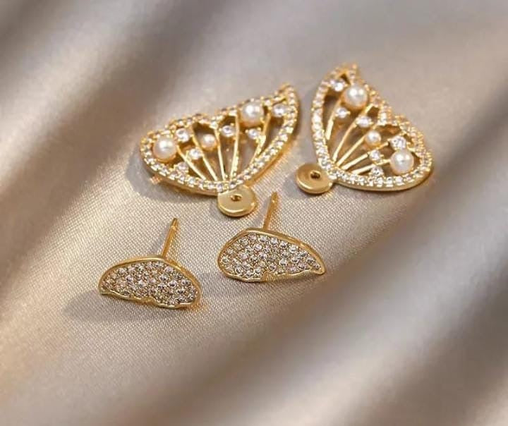 Korean Zircon And Pearl Butterfly front back earrings | Luxury Look